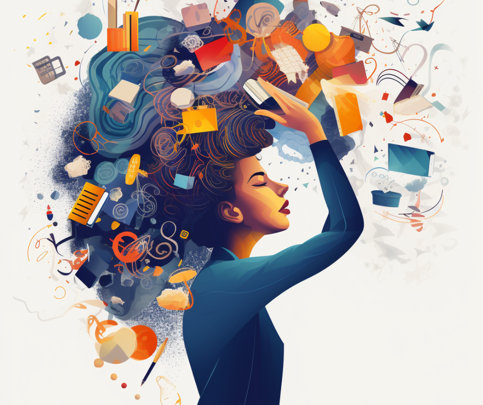 Vibrant illustration of a woman with swirling thoughts representing the chaotic mind of an adult with ADHD.