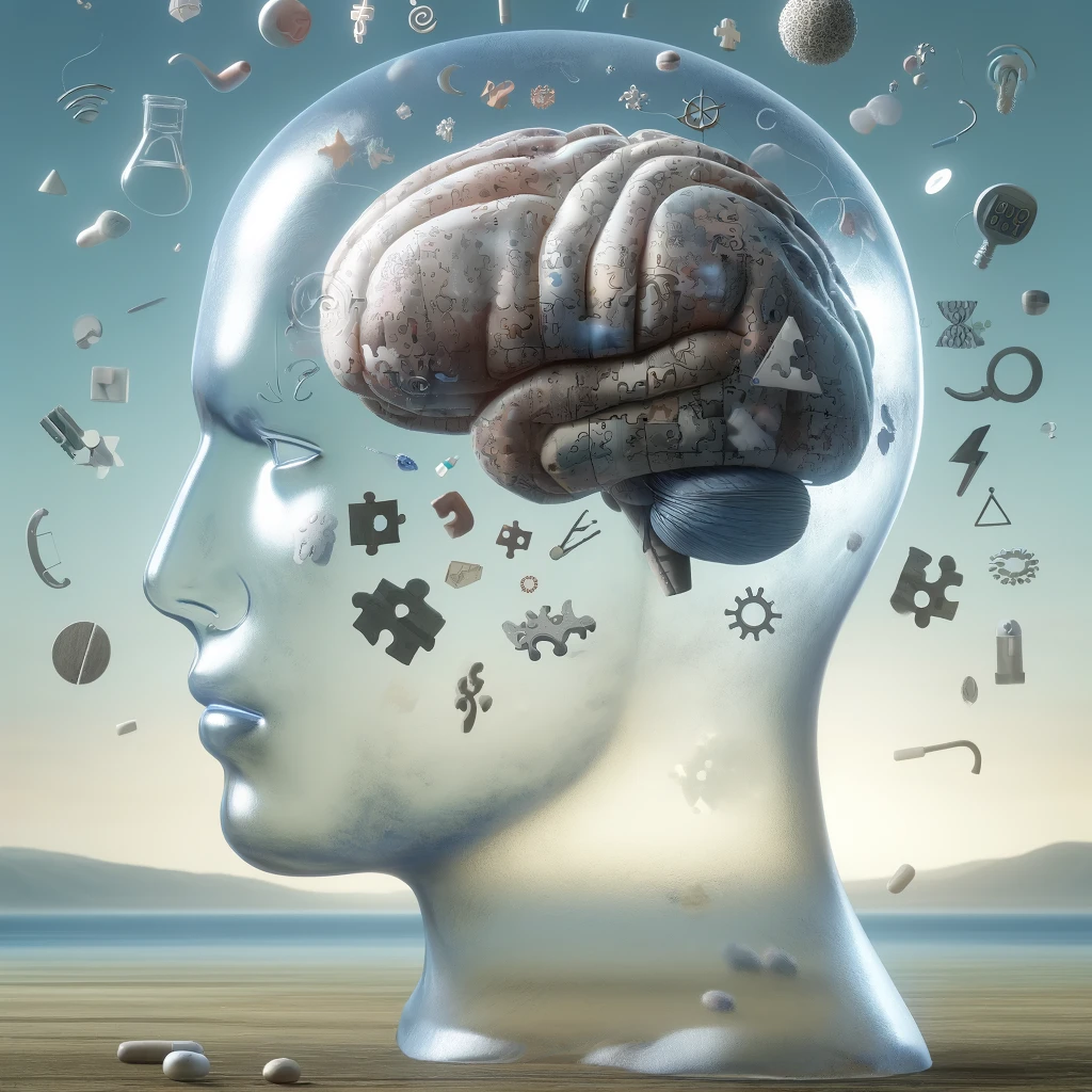 Conceptual image of a transparent head with a puzzle-piece brain surrounded by symbols, depicting ADHD myths.