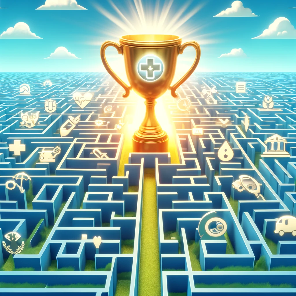 Digital art of a golden trophy at the center of a maze with insurance symbols, depicting triumph over insurance challenges.