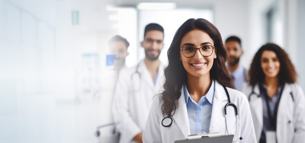  Smiling female doctor with colleagues, symbolizing anxiety treatment without medication.